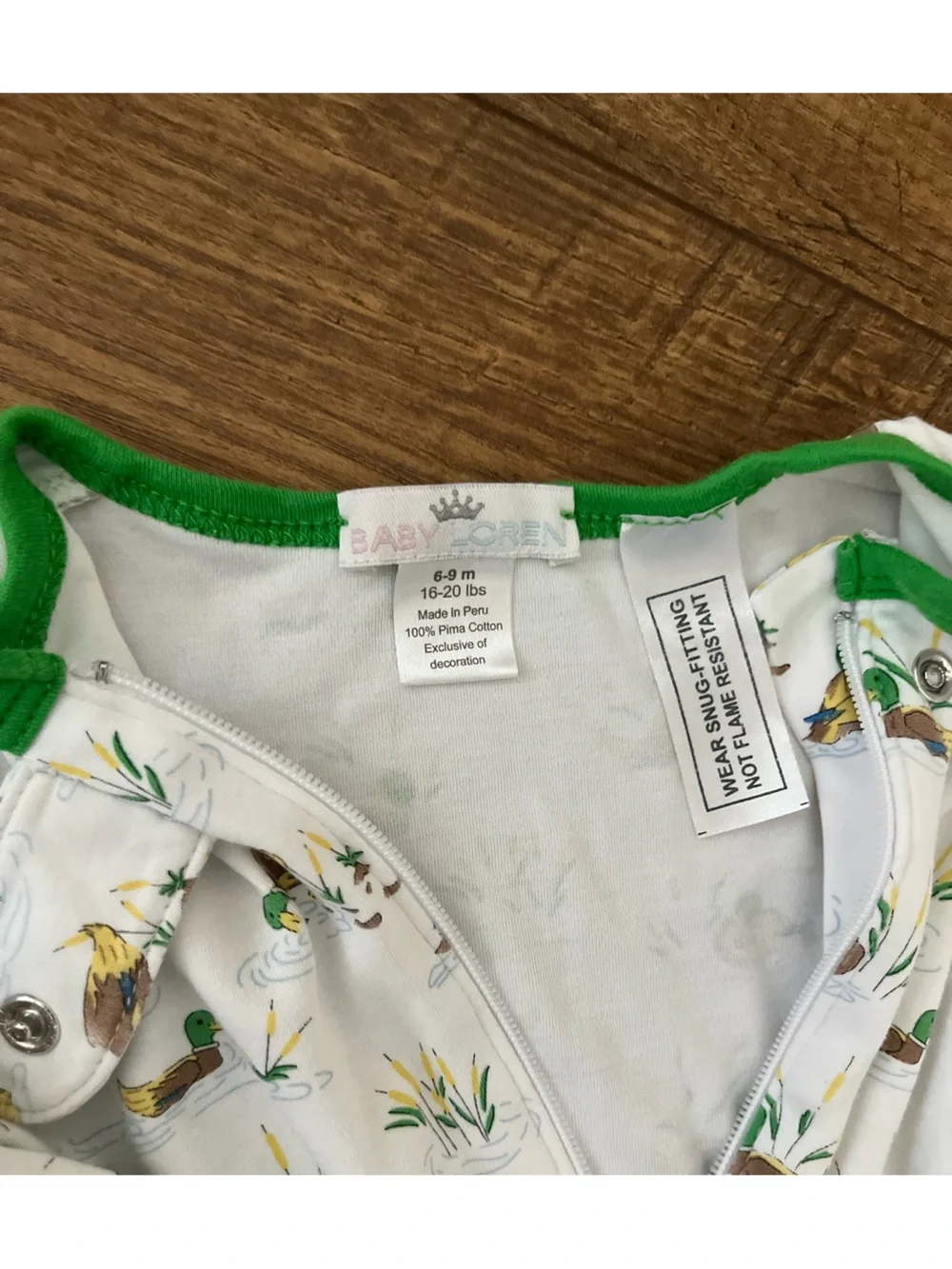 Baby Loren Mallard duck onesie footed pajama size 6-9 months